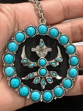Turquoise Stone Silver-Tone Thunderbird Pendant Necklace